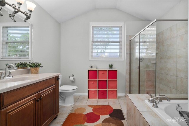 432 S Cherry St, Itasca, IL 60143 - full bath with vanity, a bath, a shower stall, tile patterned flooring, and vaulted ceiling