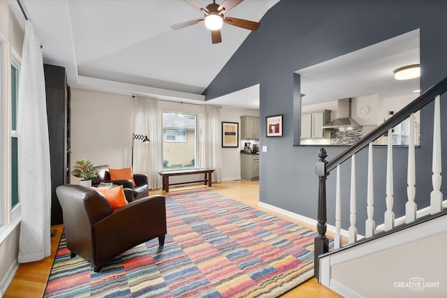 432 S Cherry St, Itasca, IL 60143 - living area with ceiling fan, light wood-style floors, stairs, and high vaulted ceiling