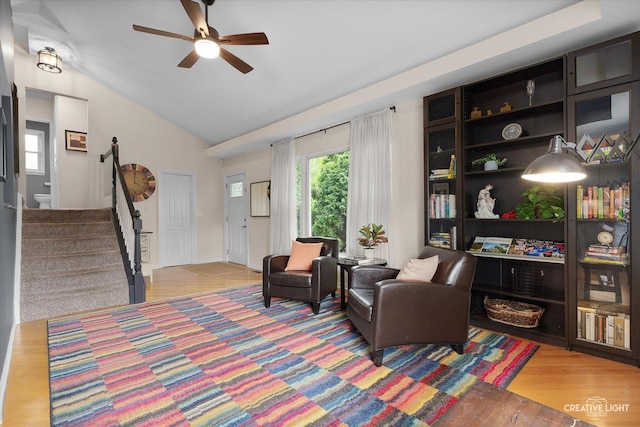 432 S Cherry St, Itasca, IL 60143 - living area with a ceiling fan, light wood-style floors, lofted ceiling, and stairway