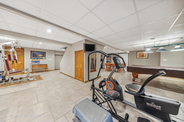 workout area featuring recessed lighting, billiards, baseboards, and a paneled ceiling