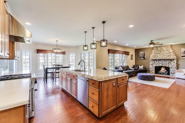 1056 W Willow St, Palatine, IL 60067 - kitchen featuring stainless steel dishwasher, dark wood-type flooring, a sink, and ceiling fan