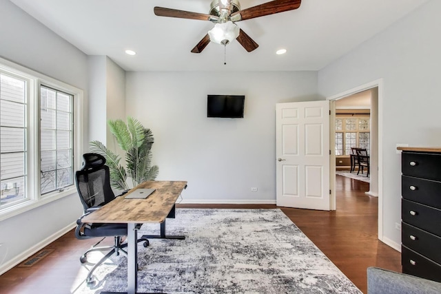 1056 W Willow St, Palatine, IL 60067 - office area with ceiling fan, baseboards, dark wood finished floors, and visible vents