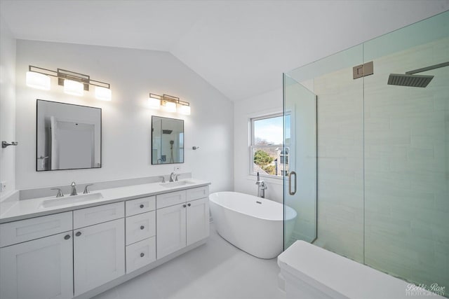 6005 River Bend Dr, Lisle, IL 60532 - bathroom featuring a sink, a shower stall, and vaulted ceiling