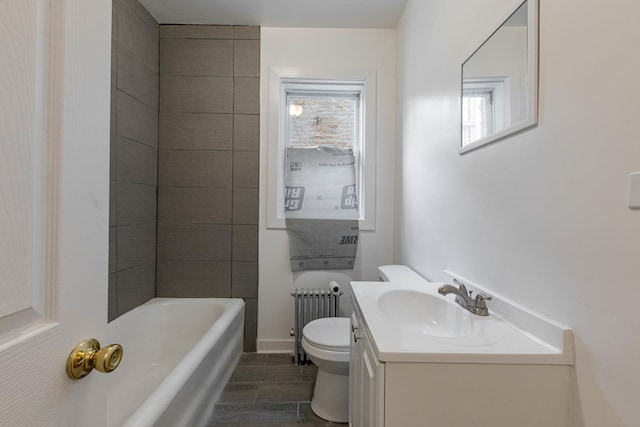 bathroom with toilet, radiator heating unit, vanity, baseboards, and wood tiled floor