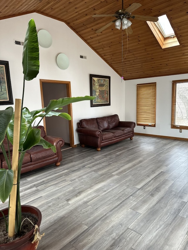 6724 W 114th St, Worth, IL 60482 - living room with lofted ceiling, a skylight, ceiling fan, wood finished floors, and wooden ceiling
