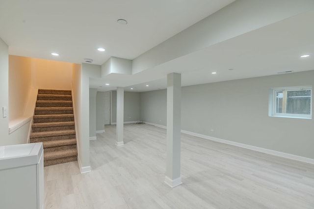 1131 S Ridgeland Ave, Oak Park, IL 60304 - below grade area featuring recessed lighting, baseboards, light wood-style floors, and stairs