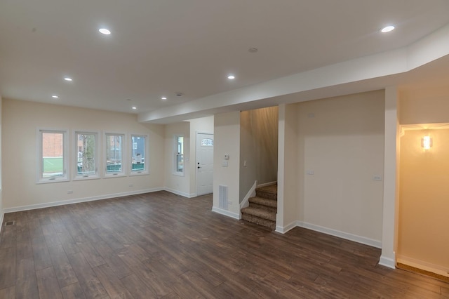 1131 S Ridgeland Ave, Oak Park, IL 60304 - unfurnished living room featuring dark wood-style floors, stairway, recessed lighting, and baseboards
