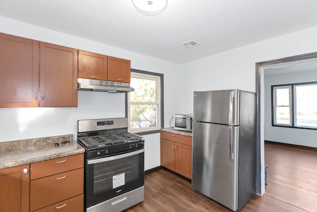 117 Arthur Ave, South Elgin, IL 60177 - kitchen with appliances with stainless steel finishes, under cabinet range hood, dark wood-style flooring, and light countertops
