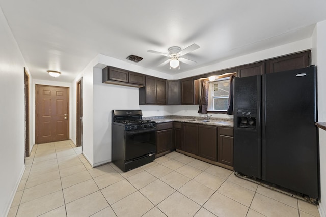 1023 S 11th Ave, Maywood, IL 60153 - kitchen featuring black appliances, a ceiling fan, a sink, light tile patterned floors, and dark brown cabinets