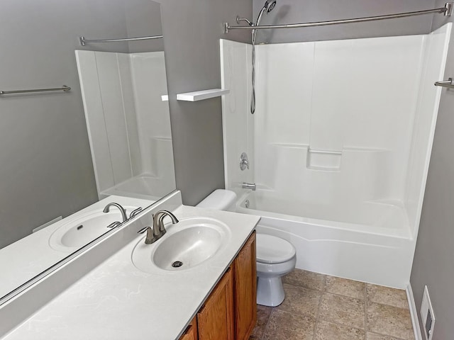 full bathroom with visible vents, shower / washtub combination, toilet, and vanity