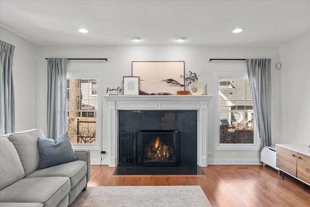 living room featuring plenty of natural light, wood finished floors, and a fireplace with flush hearth
