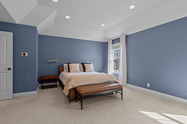 bedroom with recessed lighting, baseboards, and carpet