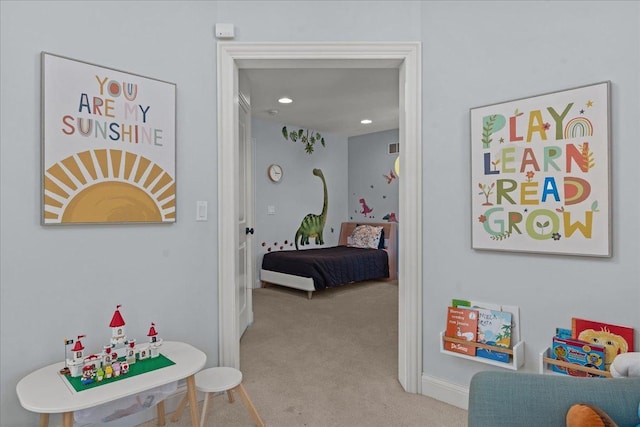 rec room with carpet flooring and recessed lighting