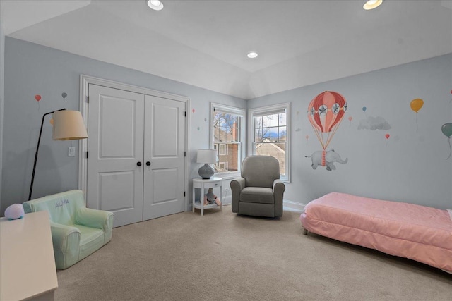 carpeted bedroom featuring recessed lighting, a closet, baseboards, and vaulted ceiling