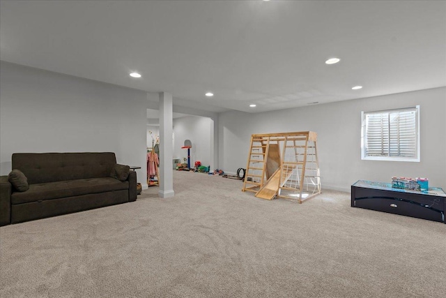 game room featuring recessed lighting, baseboards, and carpet