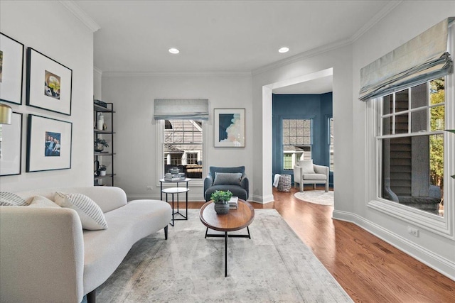 living area with wood finished floors, baseboards, a wealth of natural light, and ornamental molding