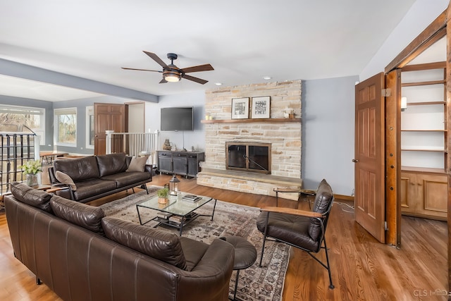 4 Auburn Ln, Barrington Hills, IL 60010 - living area with a ceiling fan, wood finished floors, a stone fireplace, and recessed lighting
