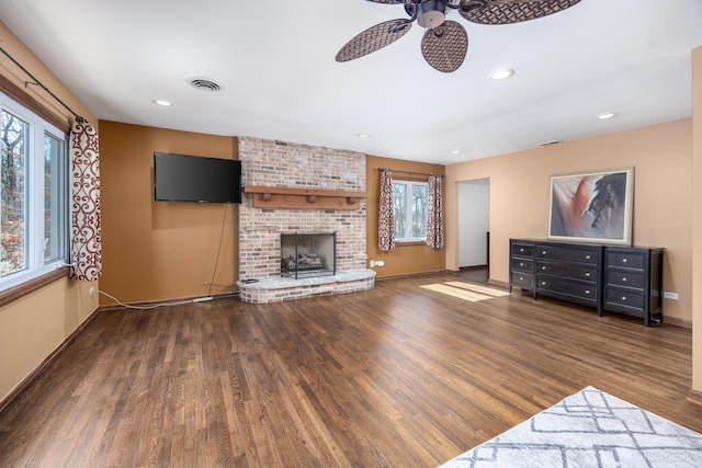 4 Auburn Ln, Barrington Hills, IL 60010 - unfurnished living room with a ceiling fan, wood finished floors, a brick fireplace, and recessed lighting