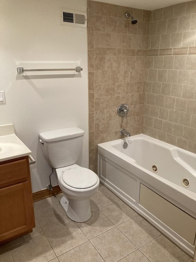 full bathroom featuring visible vents, toilet, a combined bath / shower with jetted tub, and tile patterned flooring