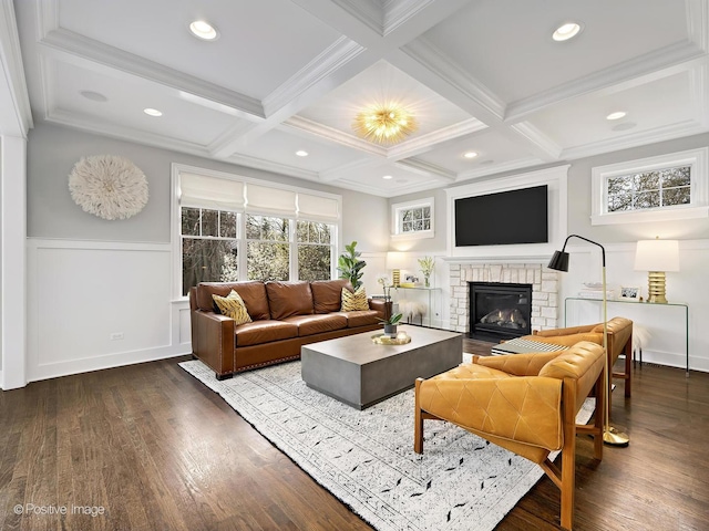 513 W Chicago Ave, Hinsdale, IL 60521 - living area featuring coffered ceiling, beam ceiling, dark wood finished floors, a glass covered fireplace, and a wainscoted wall