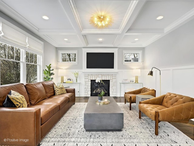 513 W Chicago Ave, Hinsdale, IL 60521 - living room with a decorative wall, beamed ceiling, recessed lighting, a stone fireplace, and wood finished floors
