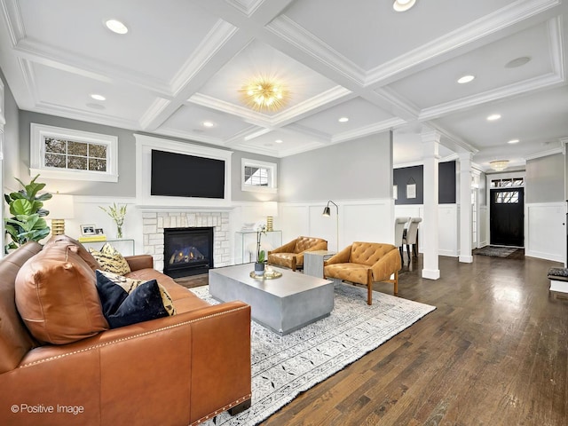 513 W Chicago Ave, Hinsdale, IL 60521 - living area featuring dark wood-type flooring, beamed ceiling, coffered ceiling, a decorative wall, and a fireplace