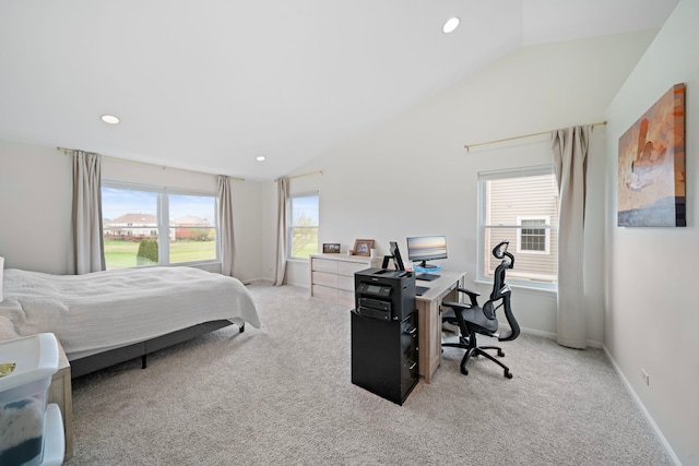 bedroom featuring recessed lighting, light colored carpet, and vaulted ceiling