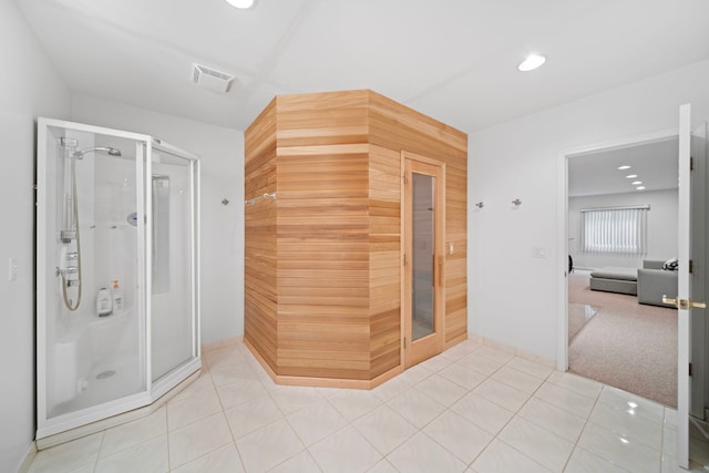 full bathroom with visible vents, recessed lighting, tile patterned flooring, and a stall shower