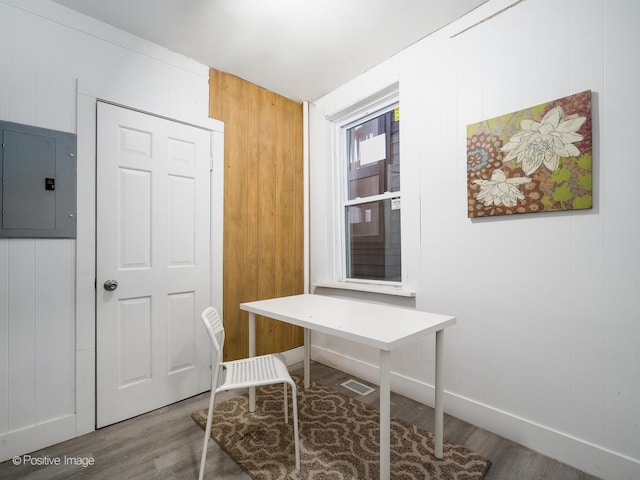 1812 W Erie St, Chicago, IL 60622 - home office featuring wood finished floors, visible vents, baseboards, and electric panel