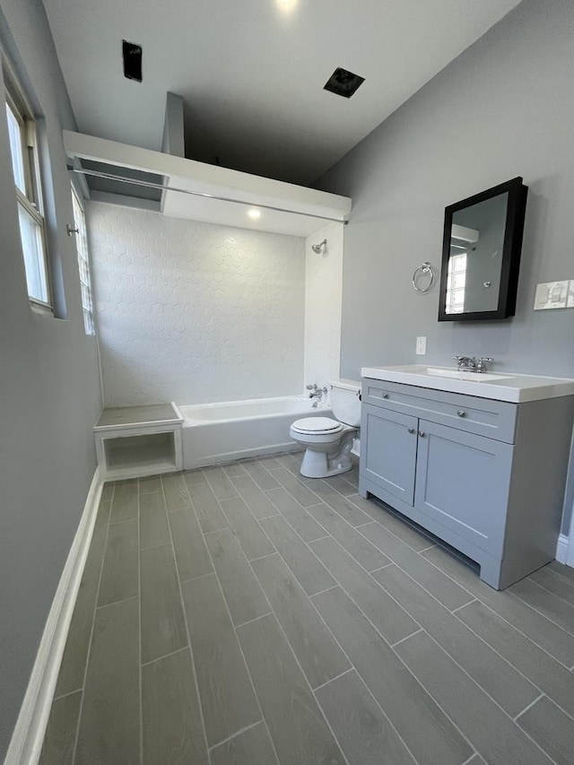 1812 W Erie St, Chicago, IL 60622 - full bathroom with shower / bathtub combination, vanity, wood tiled floor, and toilet
