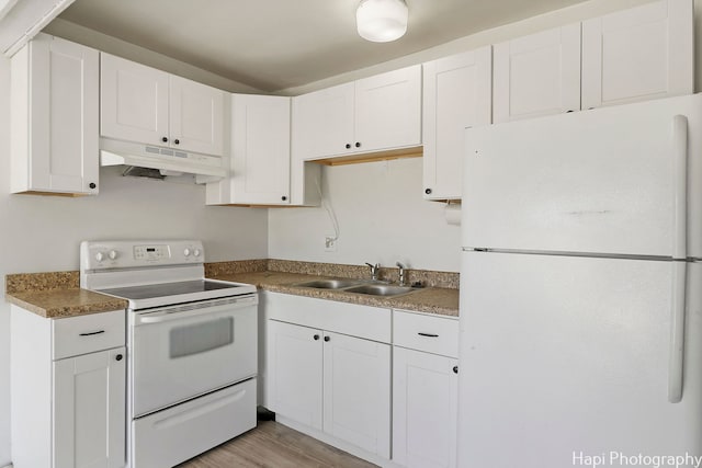 41 Bermuda Colony Unit 5, Fox Lake, IL 60020 - kitchen featuring white appliances, under cabinet range hood, a sink, and white cabinetry