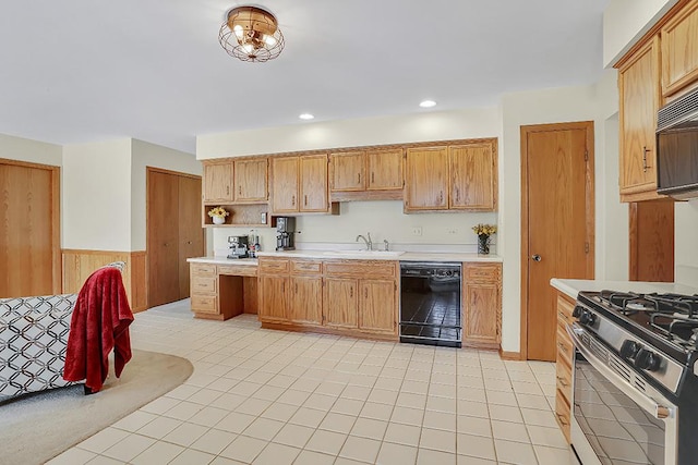 18148 Vermont Ct Unit 243, Orland Park, IL 60467 - kitchen with dishwasher, stainless steel gas range oven, light countertops, a wainscoted wall, and open shelves
