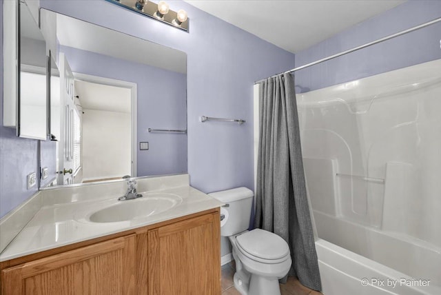 bathroom with vanity, tile patterned floors, toilet, and shower / bathtub combination with curtain
