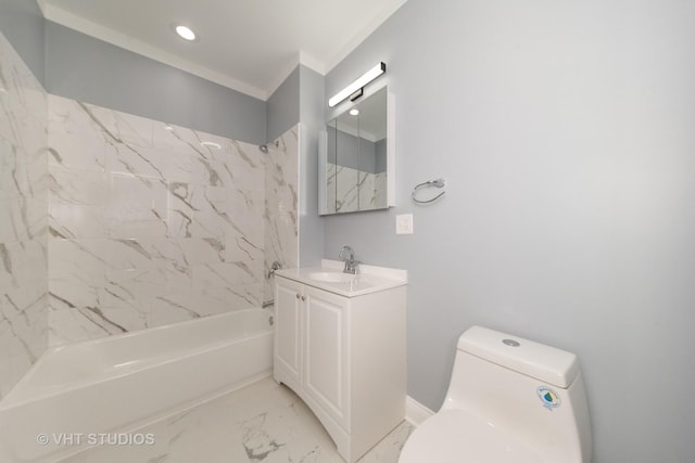 2017 W 68th St, Chicago, IL 60636 - full bath with washtub / shower combination, toilet, vanity, marble finish flooring, and recessed lighting