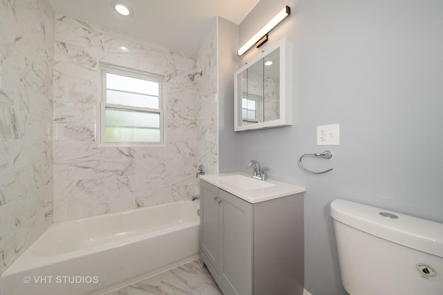 2017 W 68th St, Chicago, IL 60636 - full bathroom featuring vanity,  shower combination, toilet, and marble finish flooring