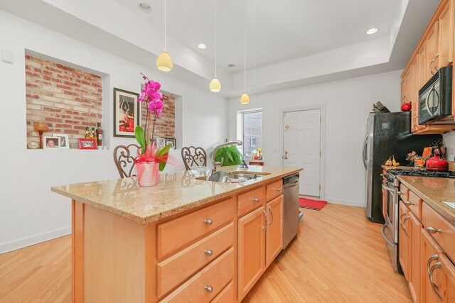 kitchen featuring light stone counters, a tray ceiling, a sink, stainless steel appliances, and light wood-style floors