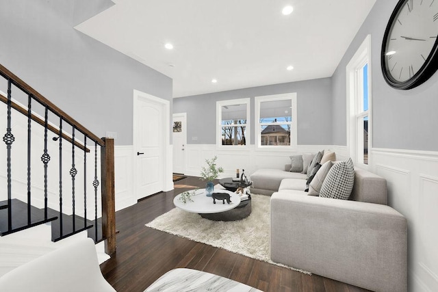 living room featuring recessed lighting, stairway, wood finished floors, and wainscoting