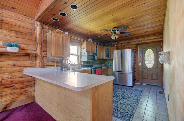 64 Big Musky Circle Ln, Wilmington, IL 60481 - kitchen with appliances with stainless steel finishes, a peninsula, light countertops, wooden ceiling, and glass insert cabinets