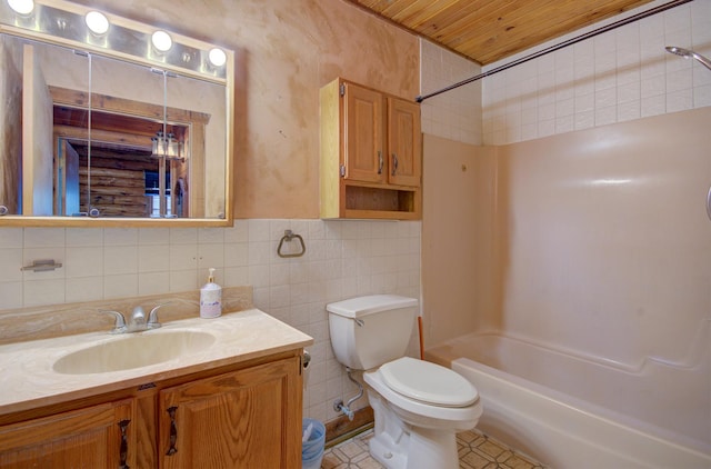 64 Big Musky Circle Ln, Wilmington, IL 60481 - full bath featuring wood ceiling, toilet, shower / tub combination, vanity, and tile walls