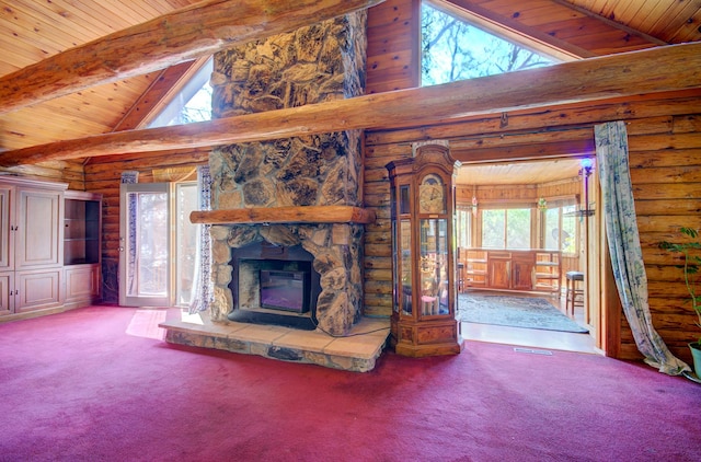 64 Big Musky Circle Ln, Wilmington, IL 60481 - unfurnished living room featuring wood ceiling with exposed beams, carpet flooring, a fireplace, high vaulted ceiling, and log walls