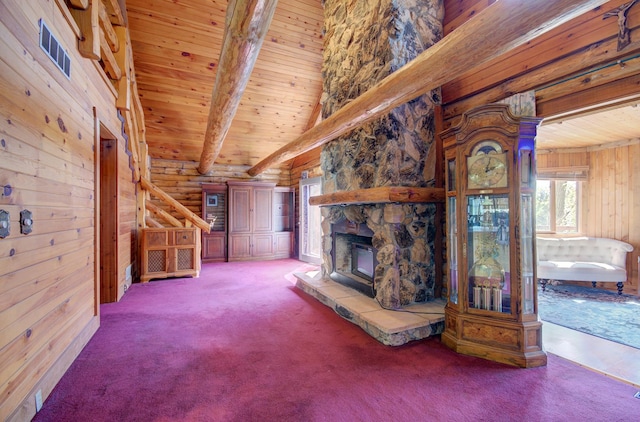 64 Big Musky Circle Ln, Wilmington, IL 60481 - unfurnished living room with wooden ceiling, carpet, wooden walls, and a fireplace