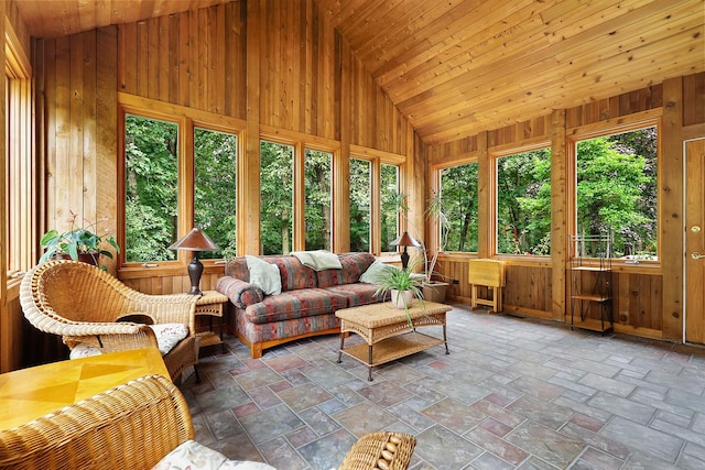 3048 Brampton Ln, Dyer, IN 46311 - sunroom / solarium featuring vaulted ceiling, wood walls, stone finish floors, and wood ceiling