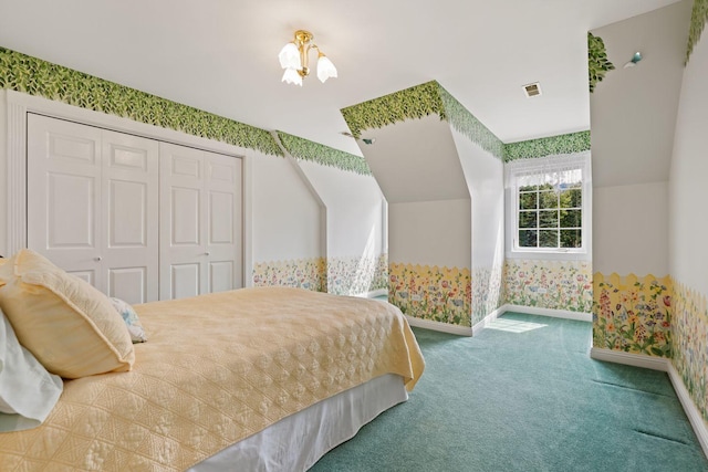 3048 Brampton Ln, Dyer, IN 46311 - carpeted bedroom featuring baseboards, a closet, wallpapered walls, and vaulted ceiling