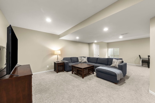 living room featuring recessed lighting, light carpet, baseboards, and visible vents