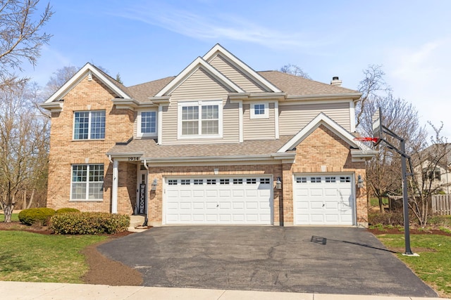 view of front of home with a shingled roof, aphalt driveway, brick siding, a garage, and a chimney