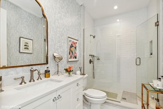 full bathroom featuring toilet, marble finish floor, a shower stall, wallpapered walls, and vanity