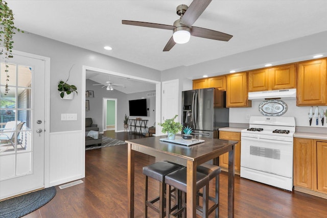 2203 E Pennsylvania Ave, Urbana, IL 61802 - kitchen featuring gas range gas stove, under cabinet range hood, ceiling fan, stainless steel fridge, and wainscoting