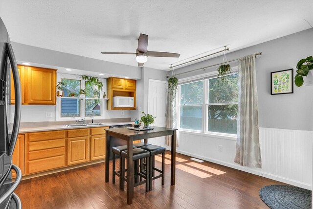 2203 E Pennsylvania Ave, Urbana, IL 61802 - kitchen with black refrigerator with ice dispenser, a sink, white microwave, dark wood-style flooring, and a wainscoted wall