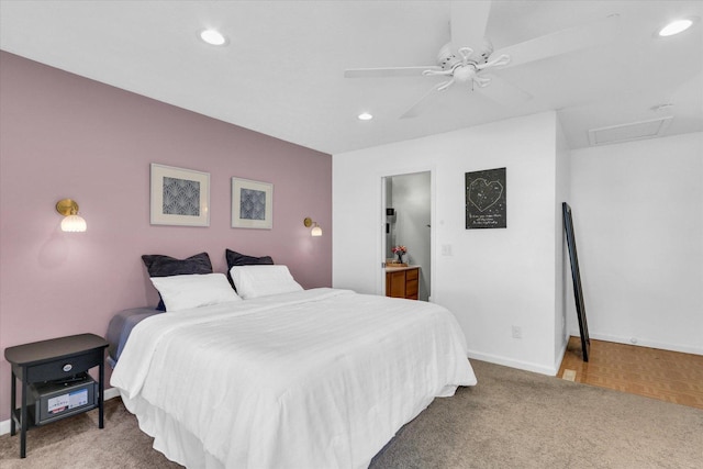2203 E Pennsylvania Ave, Urbana, IL 61802 - bedroom featuring baseboards, recessed lighting, carpet flooring, attic access, and ceiling fan