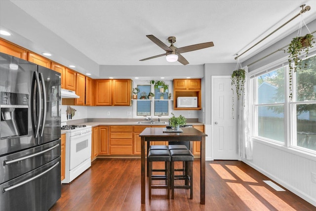 2203 E Pennsylvania Ave, Urbana, IL 61802 - kitchen with white appliances, under cabinet range hood, a sink, dark wood-style floors, and recessed lighting